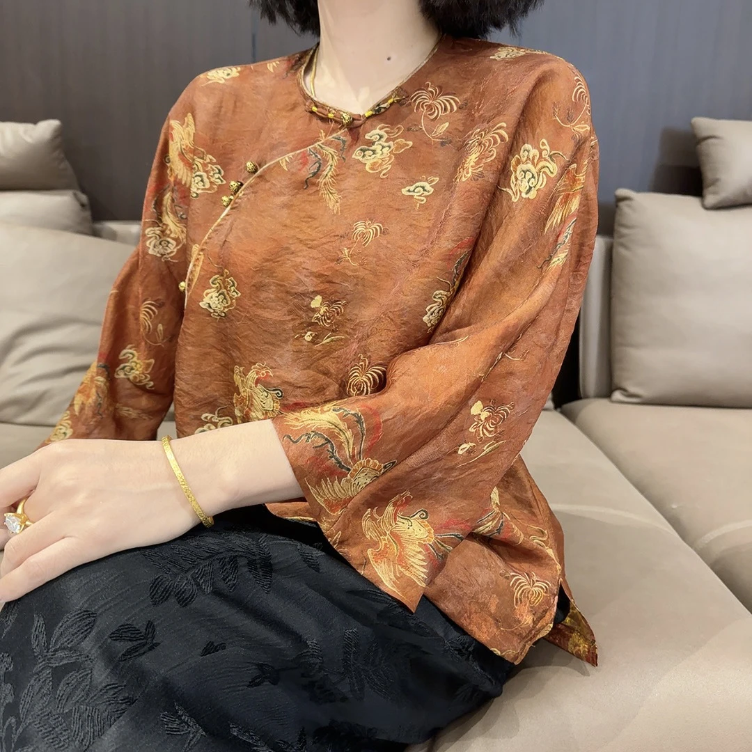 “金凤凰”新中式国风偏襟喇叭袖上衣