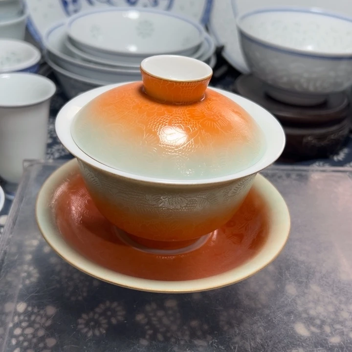 扒花三才盖碗一个