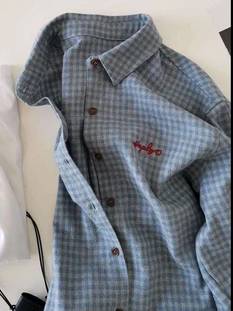 韩系蓝色格子刺绣Polo领衬衫外套女春秋外搭磨毛衬衣宽松翻领上衣