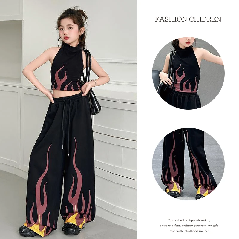 女童夏装套装新款洋气潮酷少女表演服舞蹈服中大童印花休闲两件套