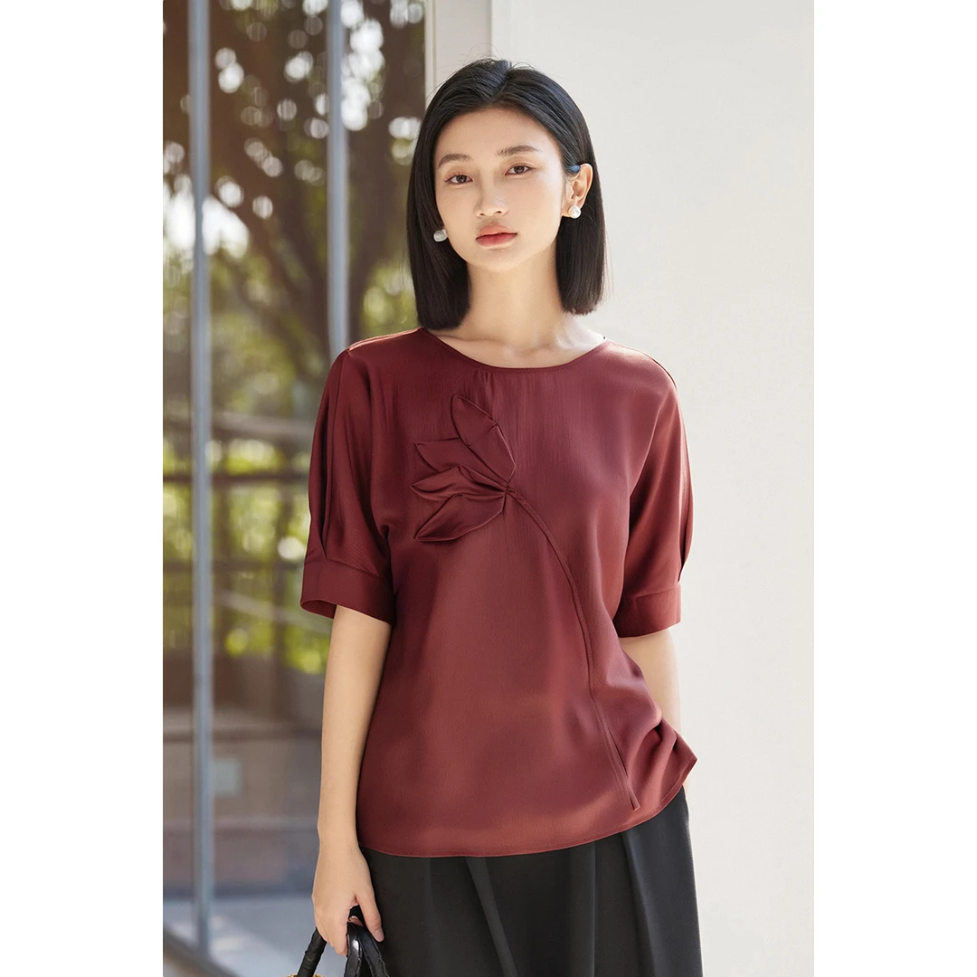 米思阳夏季新款天丝高级感缎面衬衫重工立体花朵小衫5M25BXS1554