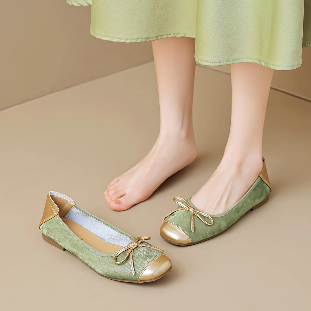 法式单鞋女平底蝴蝶结奶奶鞋软底浅口银色玛丽珍鞋女鞋方头
