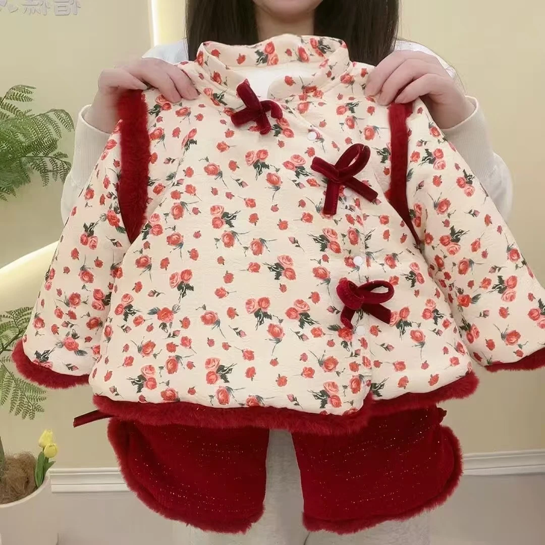 【艺小微】女童唐装加绒加厚拜年服儿童冬季碎花上衣裤子外出服