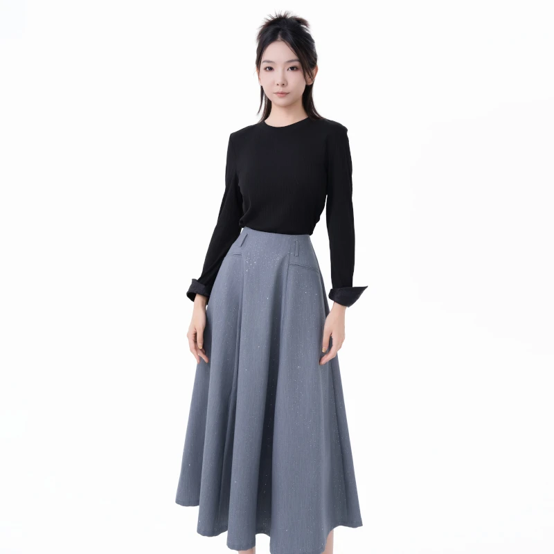 【阿泯娜】气质A字半身裙女装灰色修身伞裙百搭时尚37532BQ02