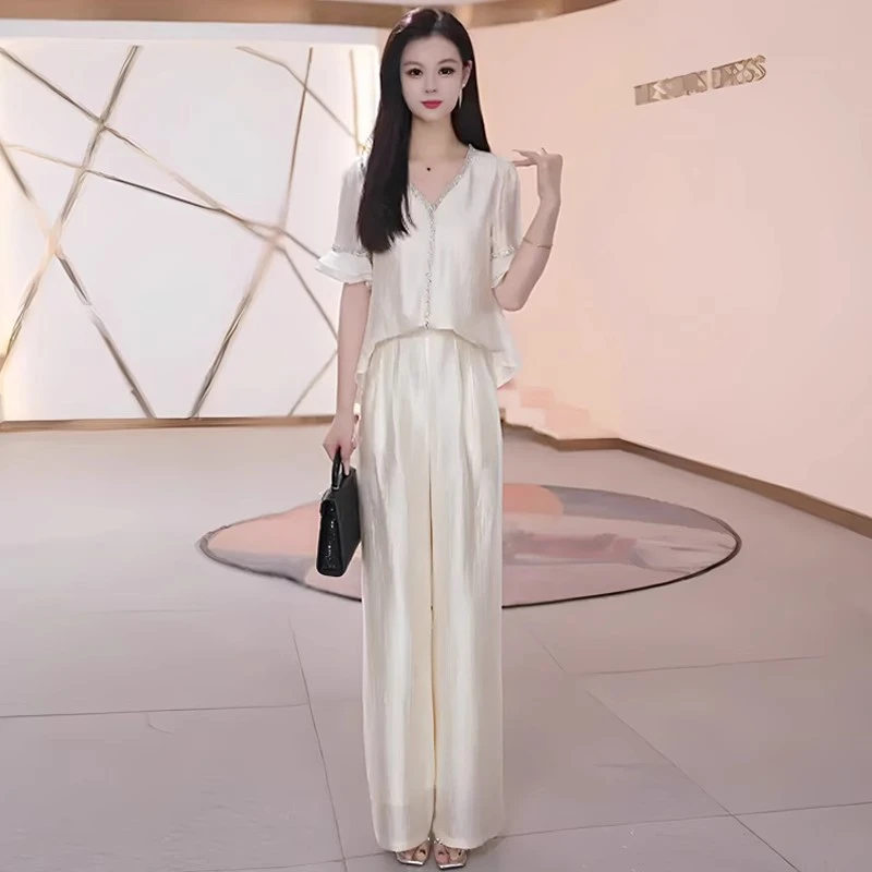 时尚套装女夏季新款洋气质显瘦冰丝V领短袖小衫高腰阔腿裤两件套