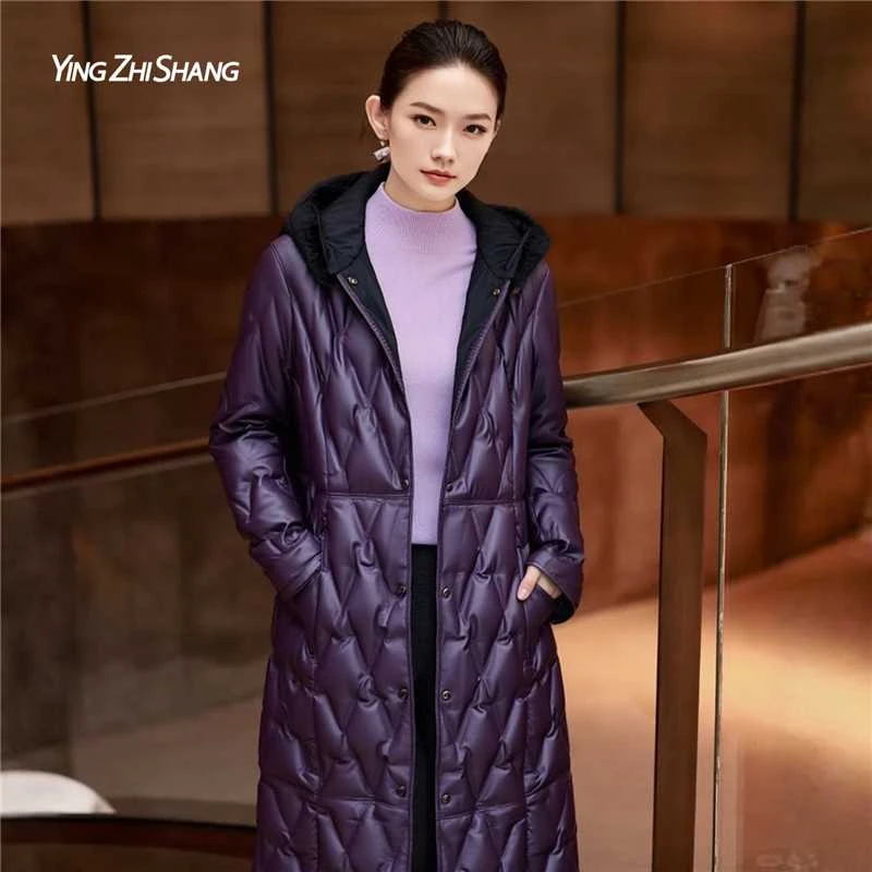 赢智尚高贵紫色绵羊皮防钻绒过膝羽绒服女高档时尚显瘦ZP00009