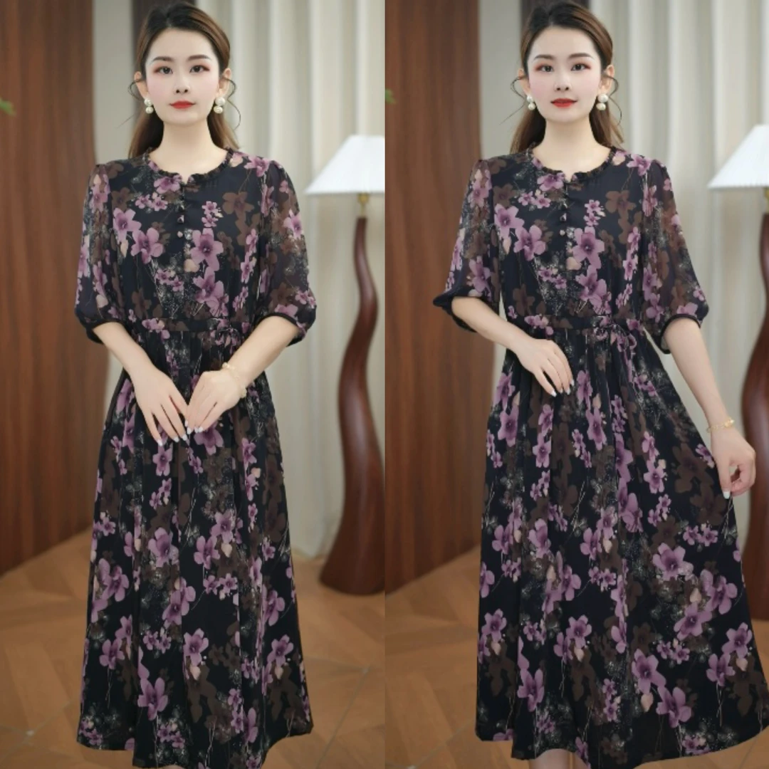 （黑底紫花）时尚法式显瘦百搭洋气收腰中长款2025新款连衣裙Z-9