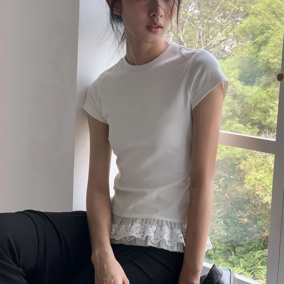 不规则蕾丝花边拼接短袖t恤女2025年新款设计感小众打底衫高级感
