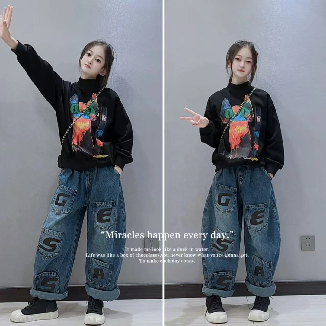 女童卫衣套装春秋2025新款女孩洋气百搭中大儿童卫衣牛仔裤两件套