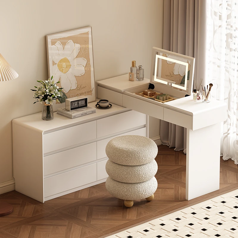 实木意式极简梳妆台斗柜一体可伸缩卧室床尾柜收纳柜烤漆化妆桌