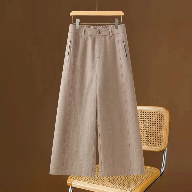拉夏贝尔显瘦森系阔腿裤松紧腰八分裤2025夏季宽松百搭直筒休闲裤