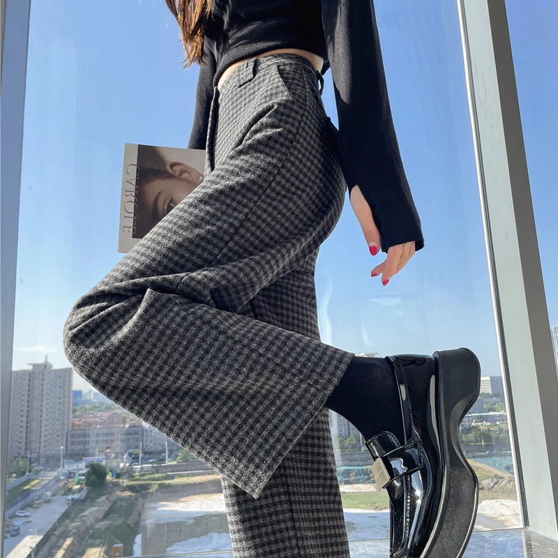 黑白毛呢格子阔腿裤女秋冬2025新款九分小个子显高八分复古直筒裤