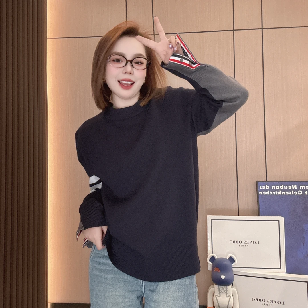 2024冬季新款拼色毛衣时尚加厚保暖百搭休闲宽松针织衫