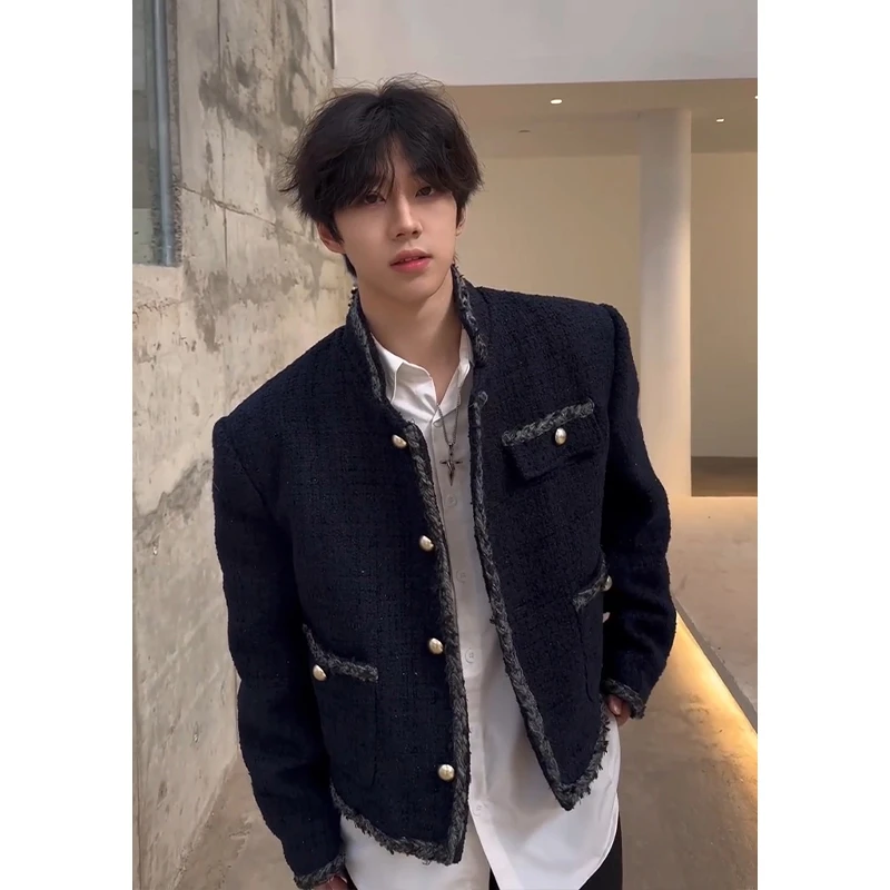 藏青色短款小香风外套男款痞帅高级感秋冬季男模穿搭垫肩廓形夹克