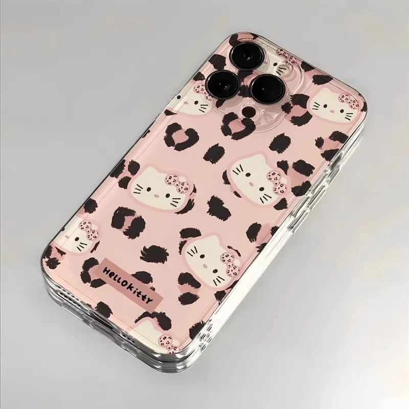 豹纹粉kitty猫适用iPhone15苹果13透明手机壳16promax卡通14可爱x