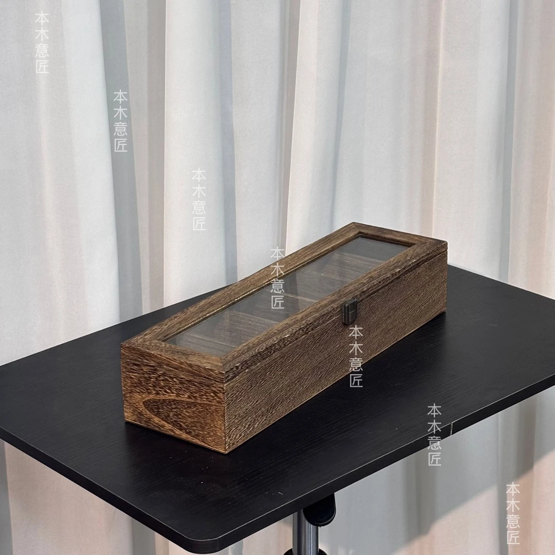 防尘水墨桌面收纳盒木盒带锁饰品盒手饰家用木质盒子方形戒指1153