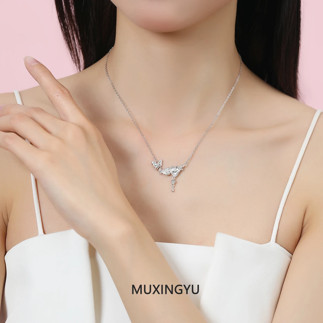 吊坠足银 925银项链女款寻星蝴蝶ins设计白带轻奢小众吊坠锁骨链