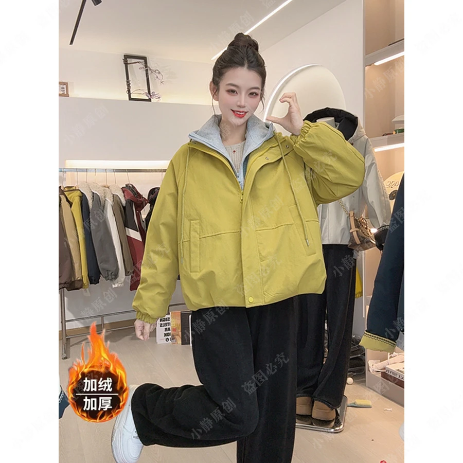 【静】加绒假两件拼接连帽短款外套女秋冬新款小个子夹克上衣25113