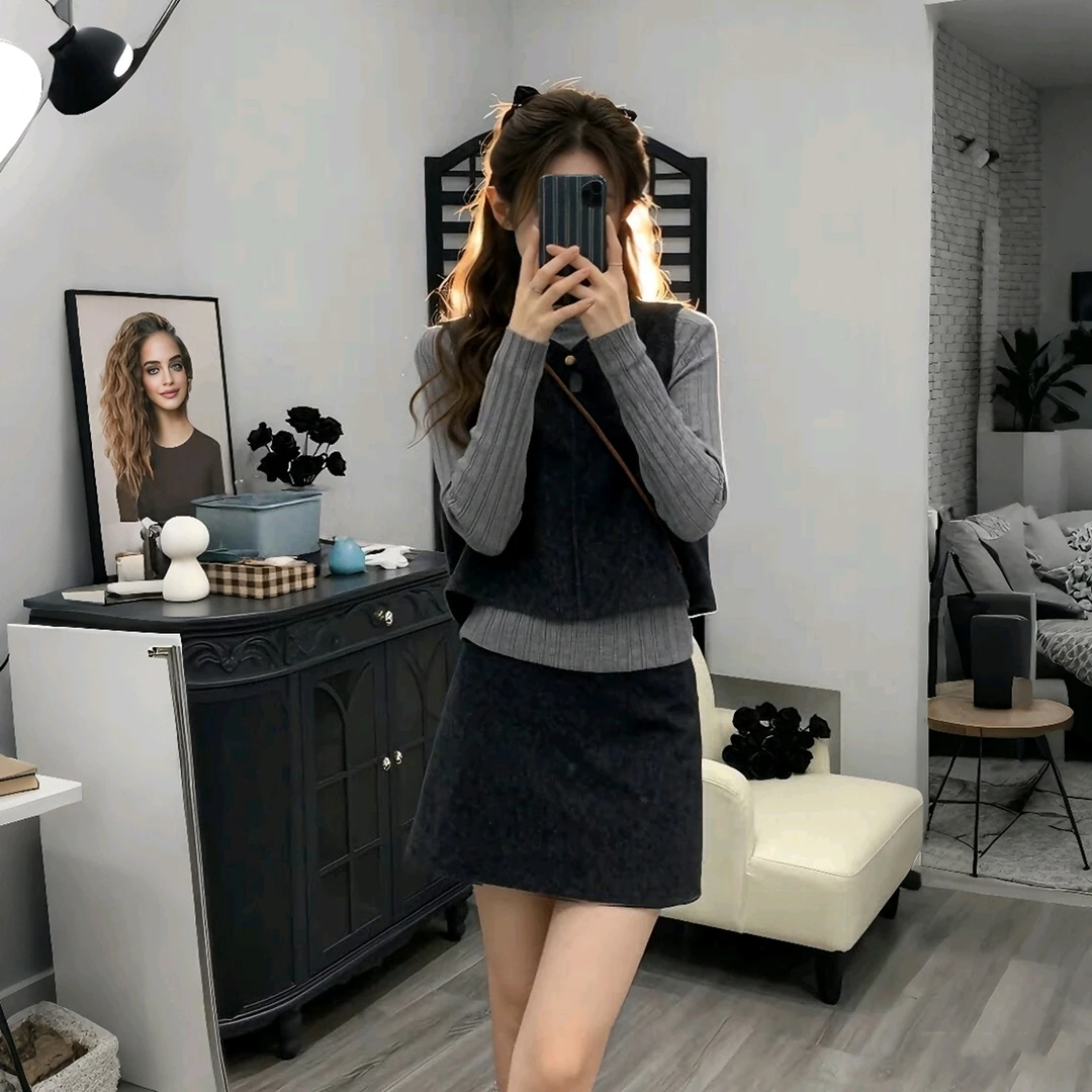 秋冬ootd穿搭一整套韩系通勤气质毛呢马甲外套针织衫短裙三件套女