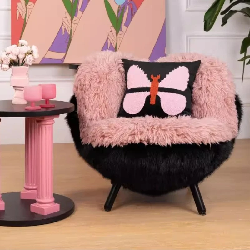 OKENSHO原创奶油中古系列粉墨长毛绒设计师单人沙发新品