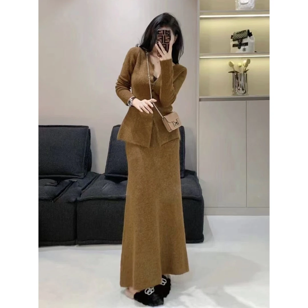 法式休闲风休闲时尚长袖套装收腰秋季气质裙子套装连衣裙针织