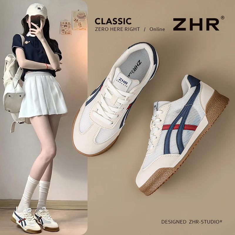 ZHR复古网面德训鞋女2025夏季薄款校园风厚底百搭小白鞋透气网眼
