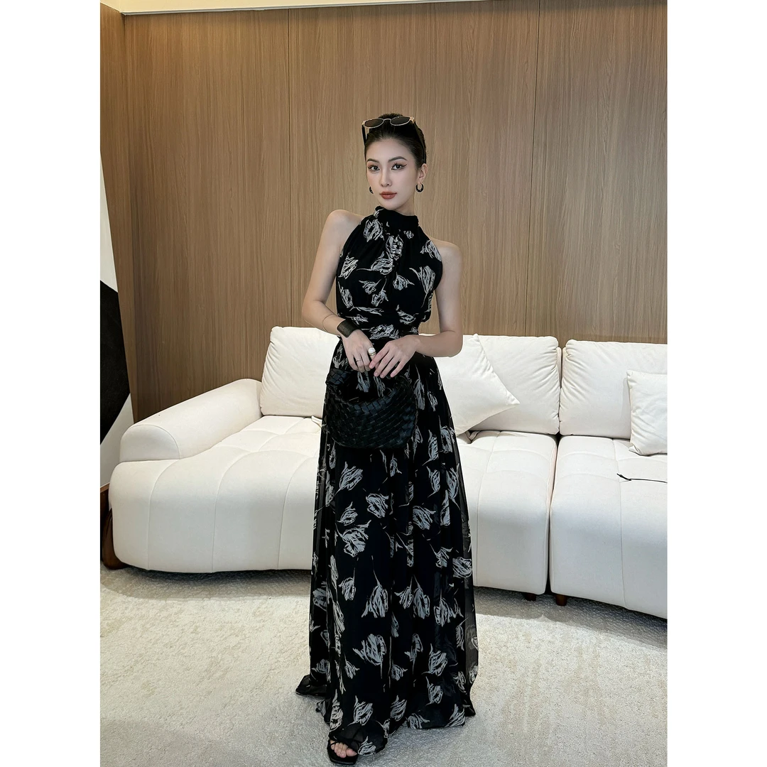 JIJINQI法式碎花挂脖连衣裙花显瘦高腰时尚气质长裙 JD03LZPT1125