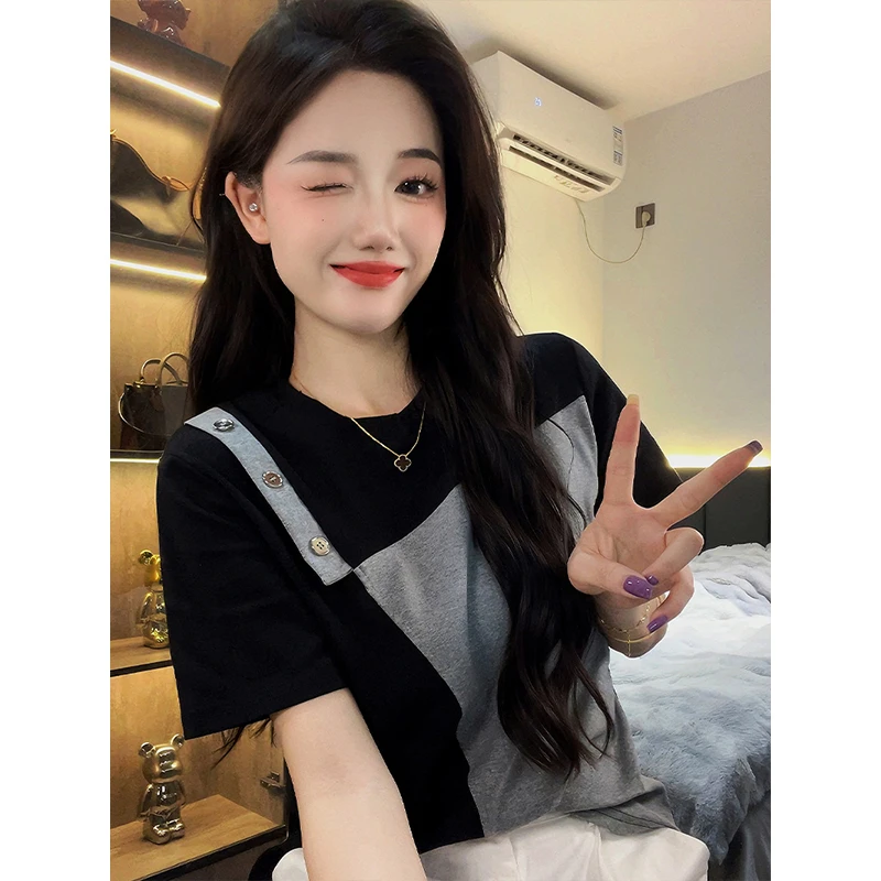 Moses Queen/魔西女王夏季撞色百搭拼接T恤女宽松时尚设计感上衣