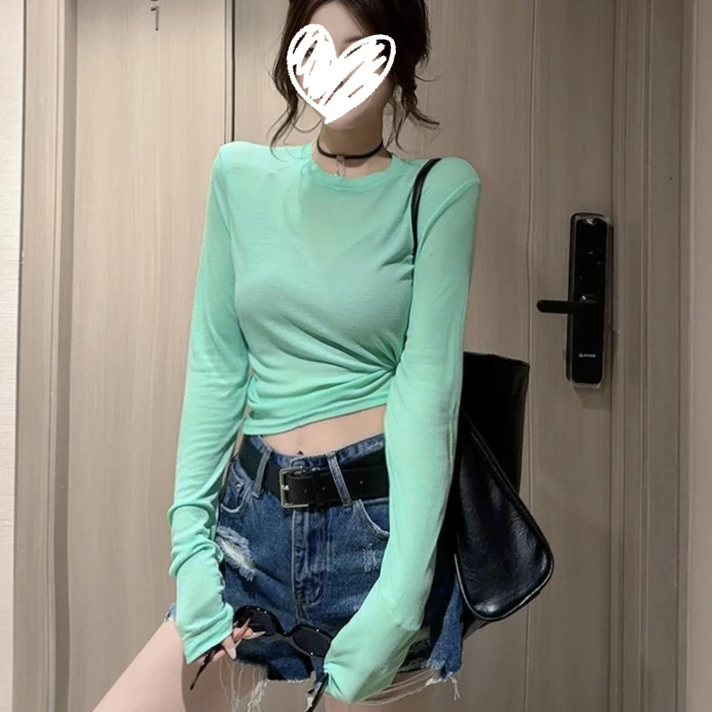 度月棠2025夏季新款百搭显瘦糖果色薄款防晒T恤女设计感短款上衣