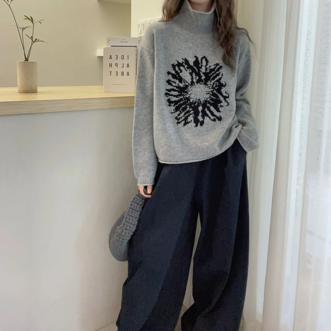 欧洲站2025秋冬时尚高领宽松落肩袖抽象图案提花针织衫毛衣潮上衣