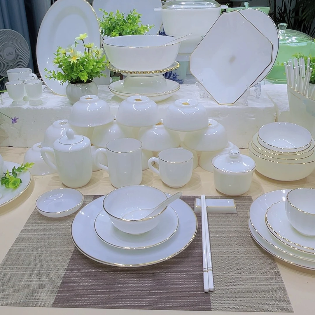玉瓷景德镇纯白玉瓷描金套装