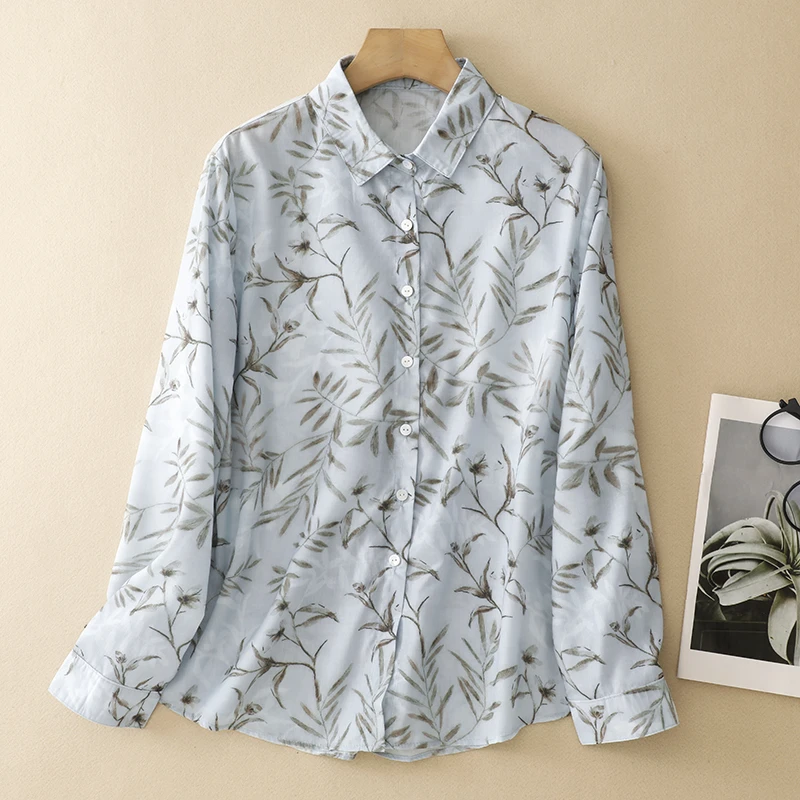 现货秋季枝叶印花春秋衬衫时尚衬衣女小衫宽松百搭法式碎花上衣