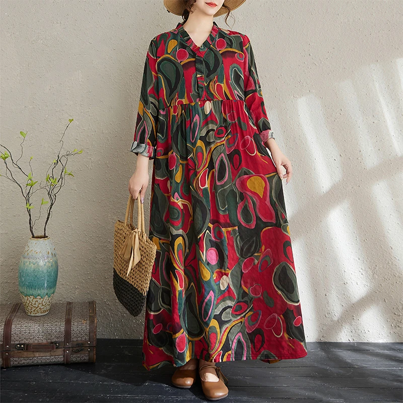 商场折扣剪标大码印花木耳花边领外贸复古棉麻裙子长袖大摆连衣裙