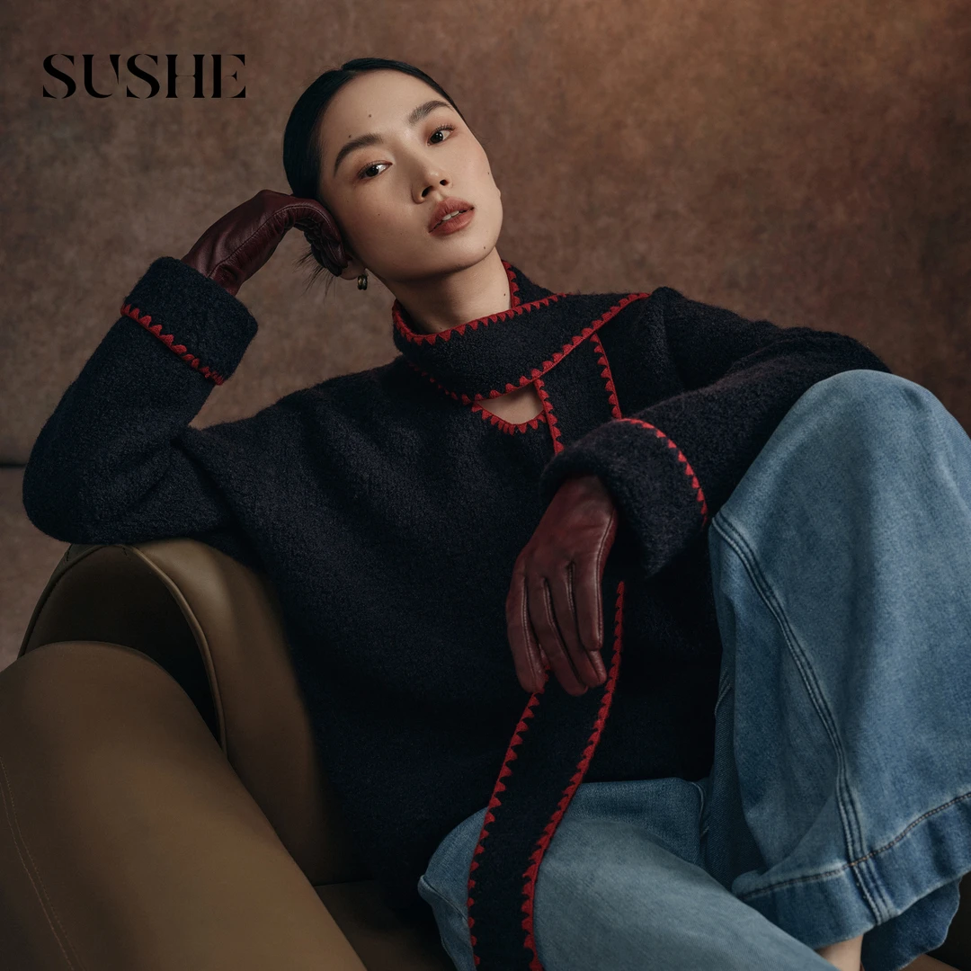 束皙SUSHE 叙暖 复古电影感 可拆卸围巾V领撞色毛衣针织衫