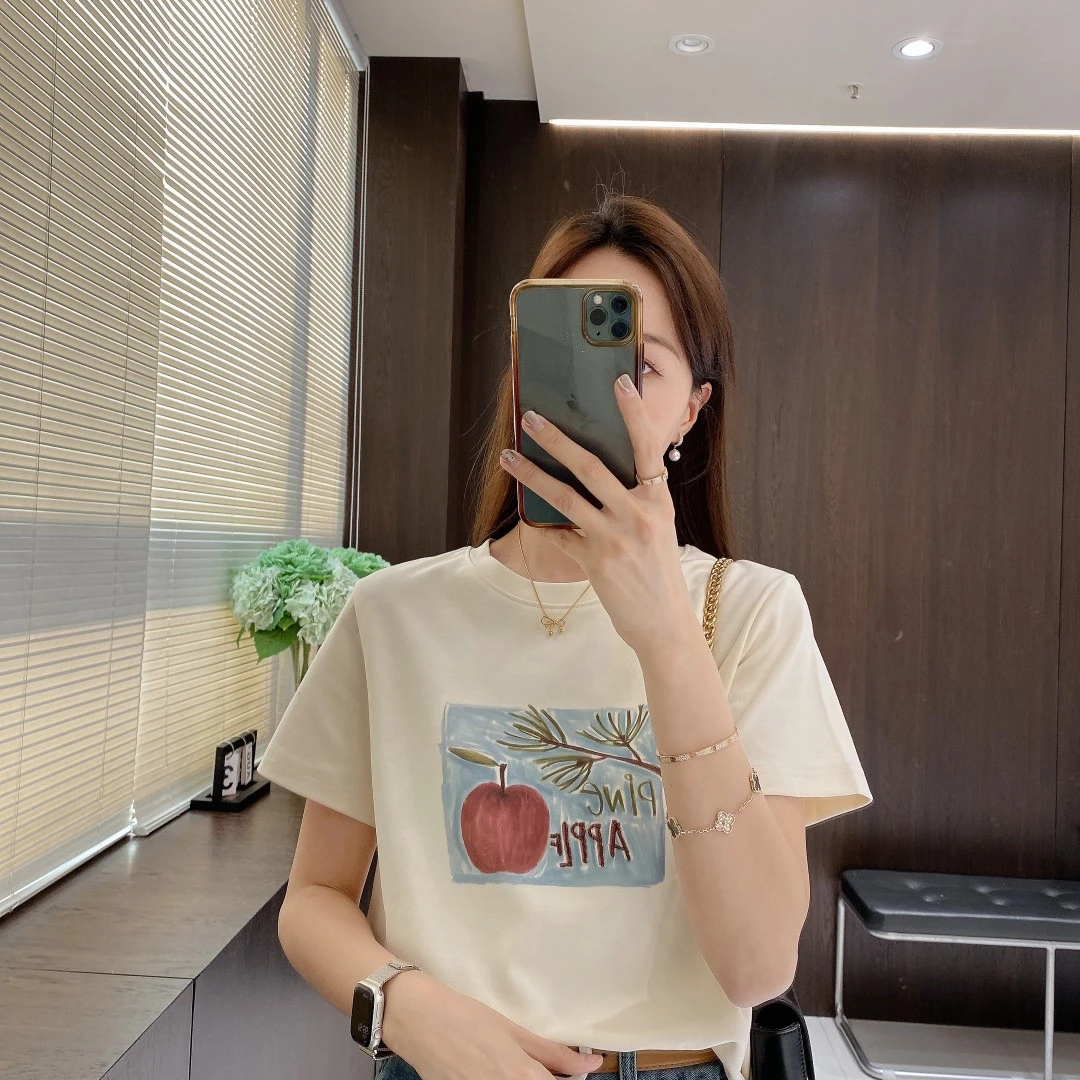 IMFLY金小金自制女装 T恤DYW8710春夏季苹果印花圆领短袖内搭上衣