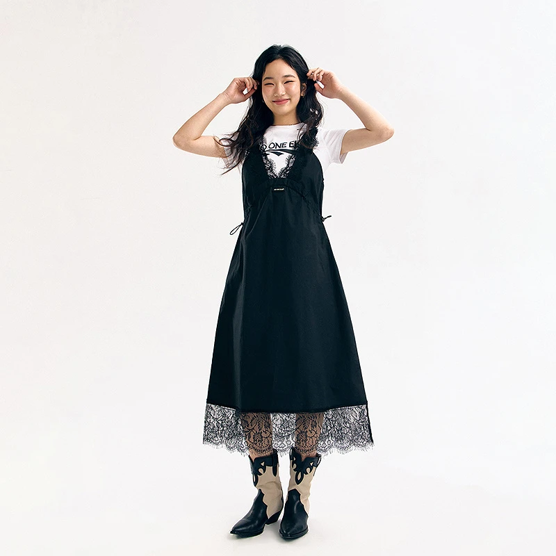 NO ONE ELSE美式复古女装秋季抽绳V领中长裙子蕾丝拼接吊带连衣裙