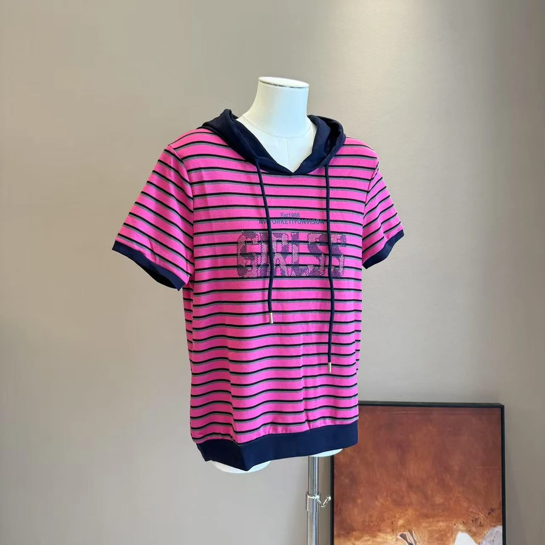 夏季新款连帽条纹烫钻休闲套头上衣T恤女正肩短款t恤