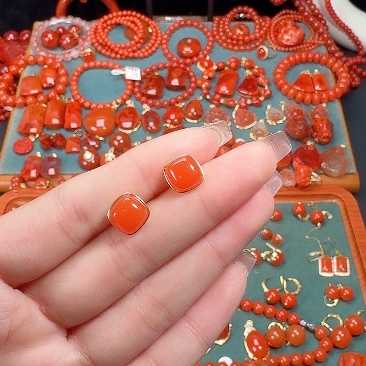 南红玛瑙银S925镶嵌耳饰9+