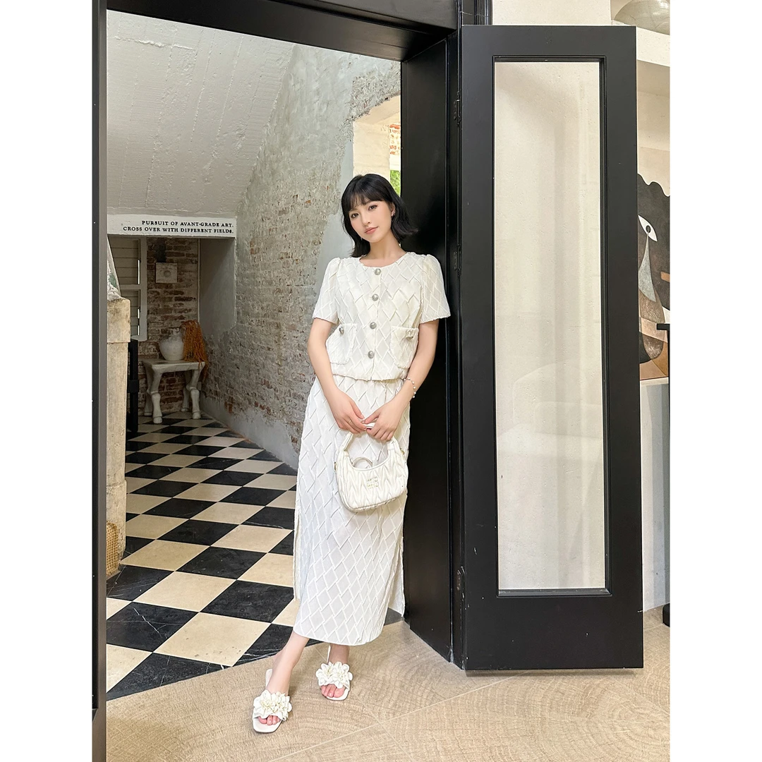 KIKI严选：25311-PV家欧洲站南油夏季小香菱形压褶上衣半裙两件套