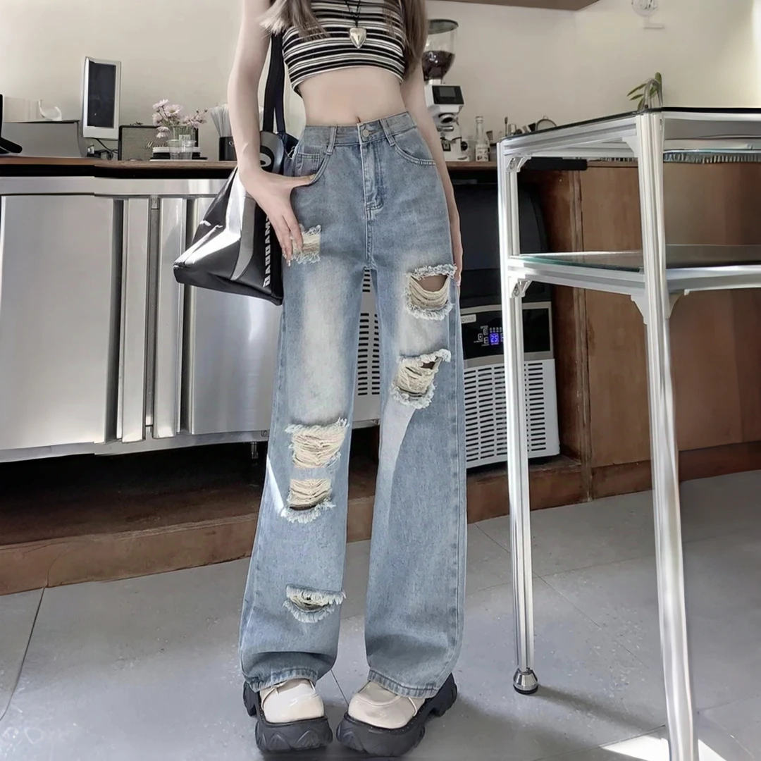夏季显瘦高腰窄版直筒阔腿裤水洗设计感磨毛牛仔通勤风复古运动风