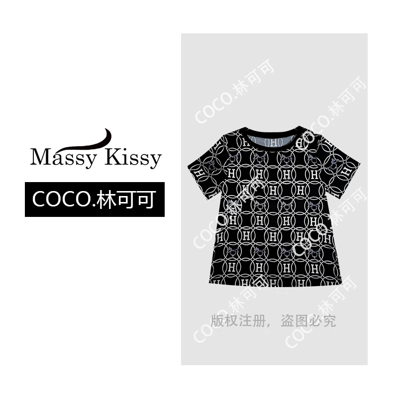 【COCO林可可】‘’H戒指‘’烫钻黑色桑蚕丝上衣名媛气质欧货印花T恤