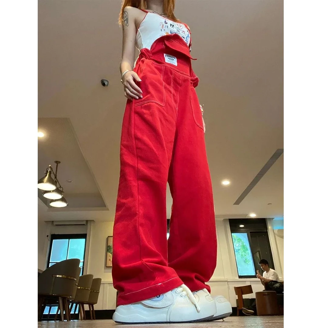 美式复古红色牛仔背带裤女春秋季宽松百搭设计感小众工装直筒长裤