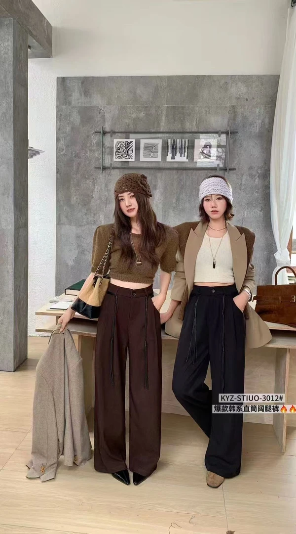 3012早秋韩版抽绳宽松时尚直筒阔腿休闲弯刀裤