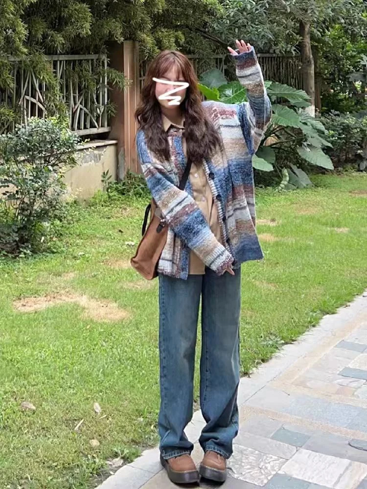 高级慵懒风针织开衫毛衣2025新款女春秋复古宽松条纹韩系初秋外套