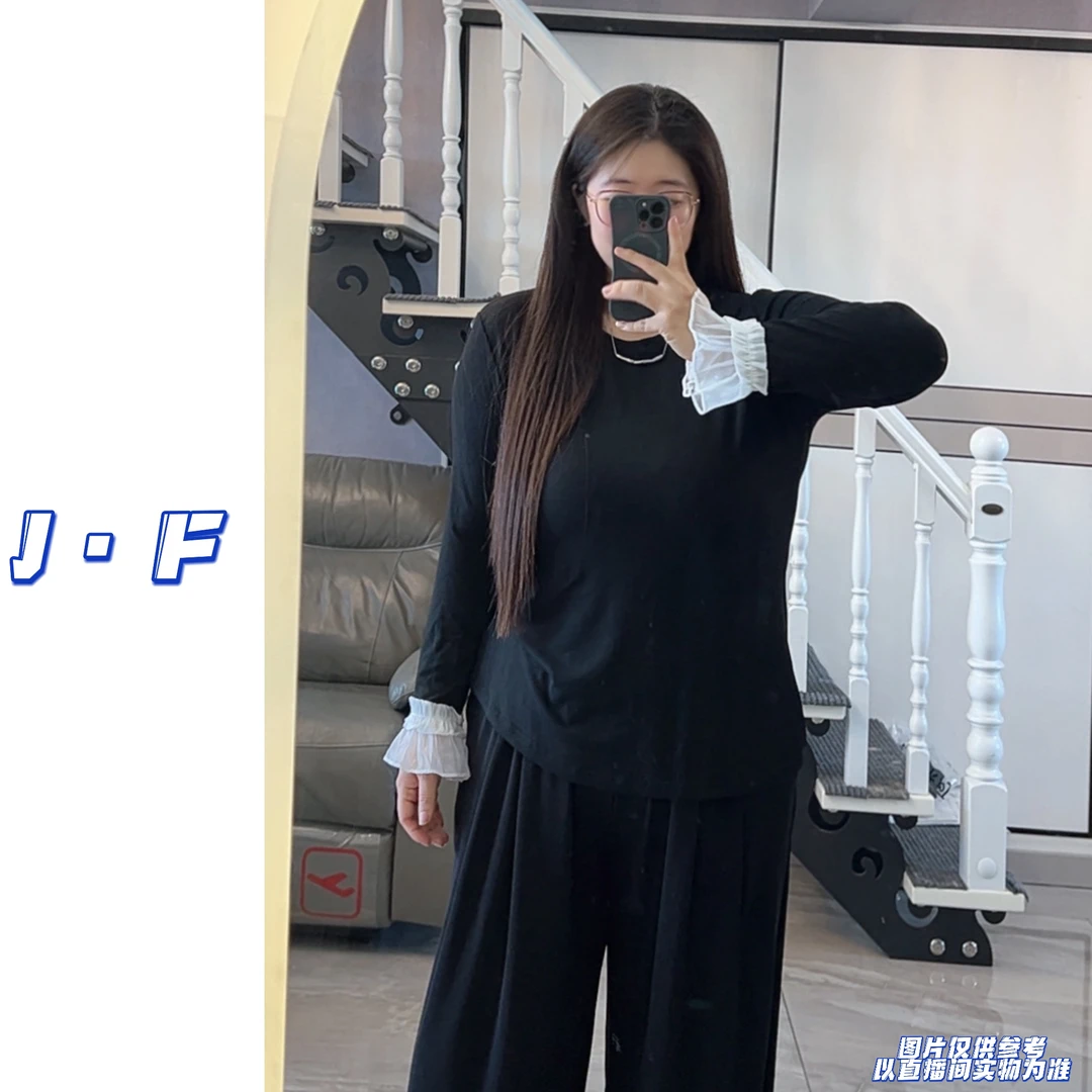 JF定制大码3856早秋新款纯色百搭裸感弹力圆领花边拼接长袖打底衫