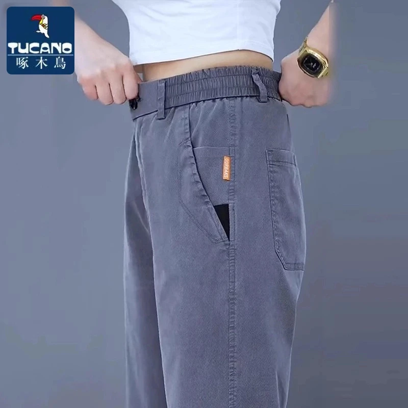 啄木鸟天丝休闲裤男夏季薄款2025新款百搭宽松直筒裤大码男爸爸装