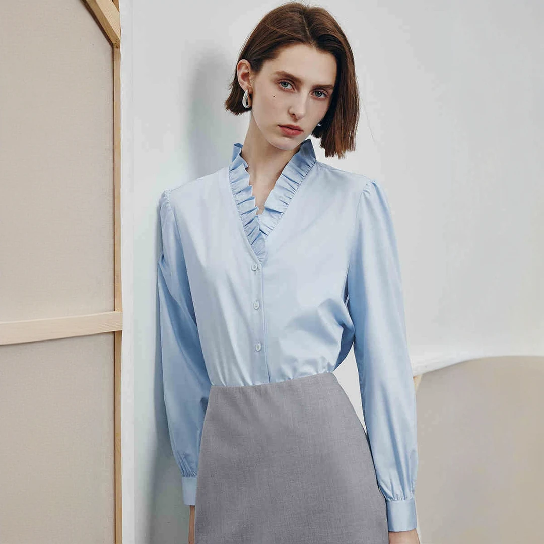 【诗语专属】法曼萱法式木耳边V领衬衫女小个子上衣FCY3126