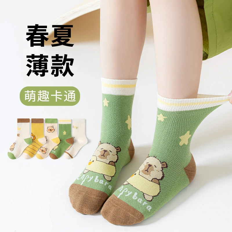 儿童袜子夏季薄款女童中大童卡皮巴拉网眼透气男童学生无骨中筒袜