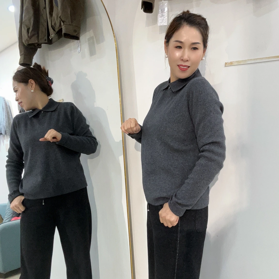 秋冬翻领软糯针织衫女修身显瘦套头毛衣厚款内搭打底衫上衣