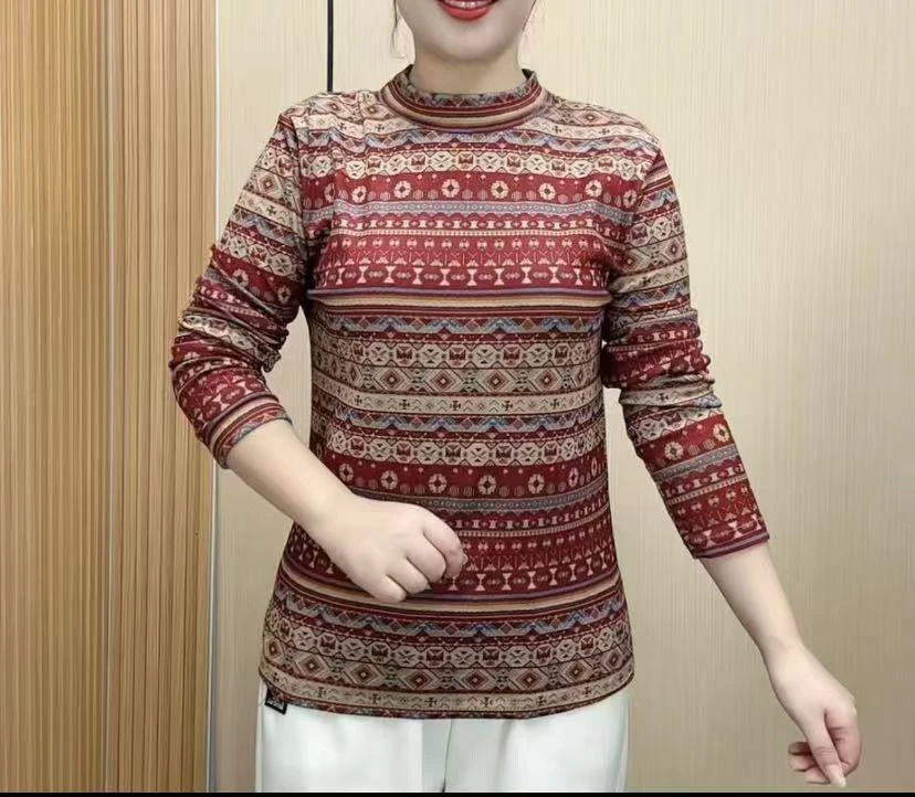 2025常规秋冬长袖通勤印花打底衫显瘦打底女士半高领